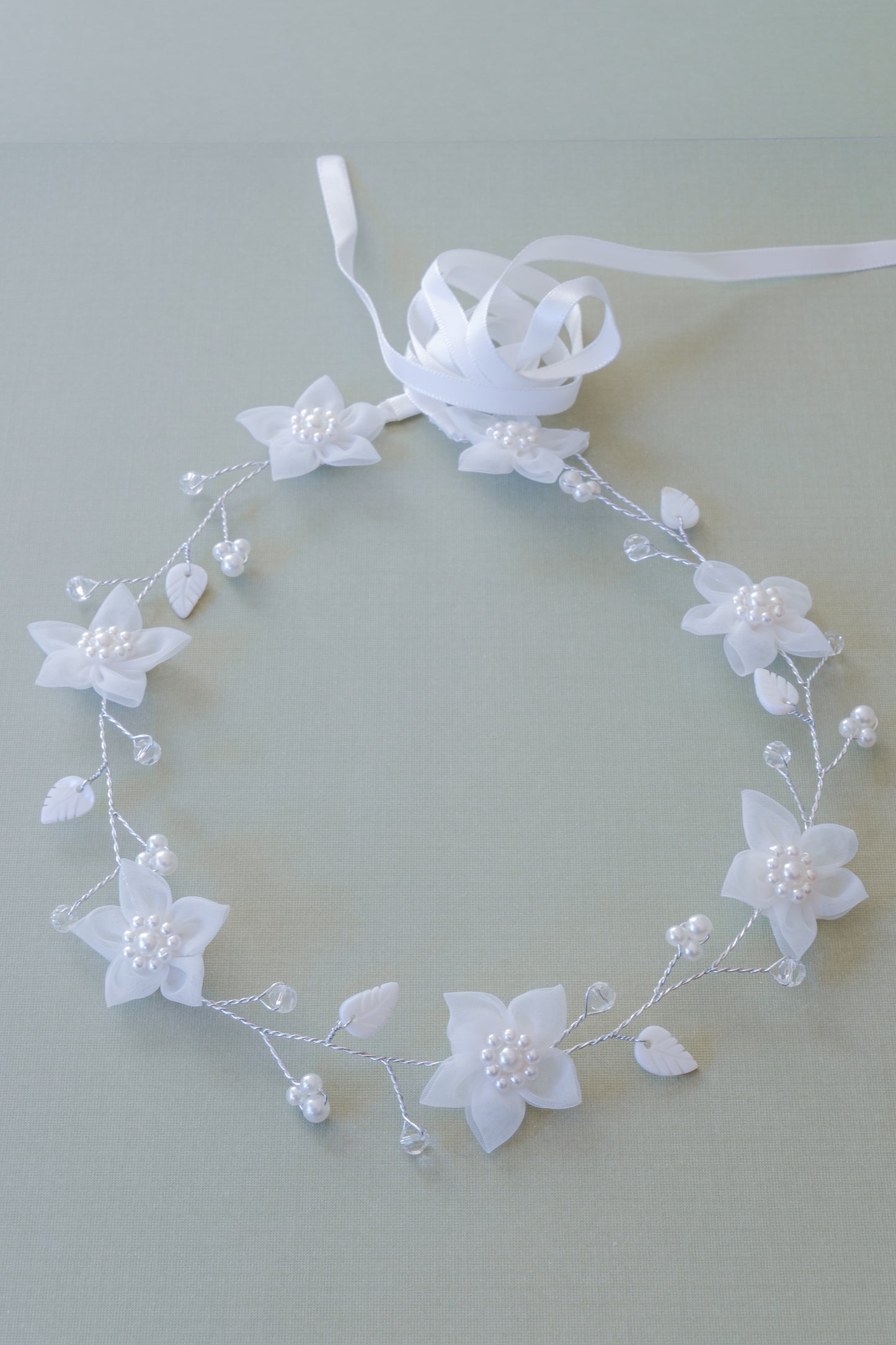 White tulle floral hair wreath