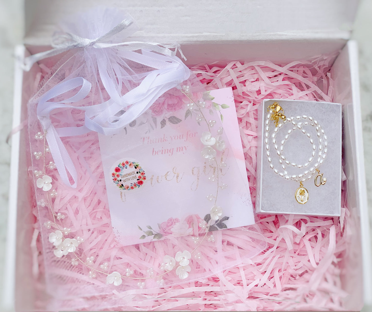 Flower Girl Hair Piece & Initial Necklace Gift Set