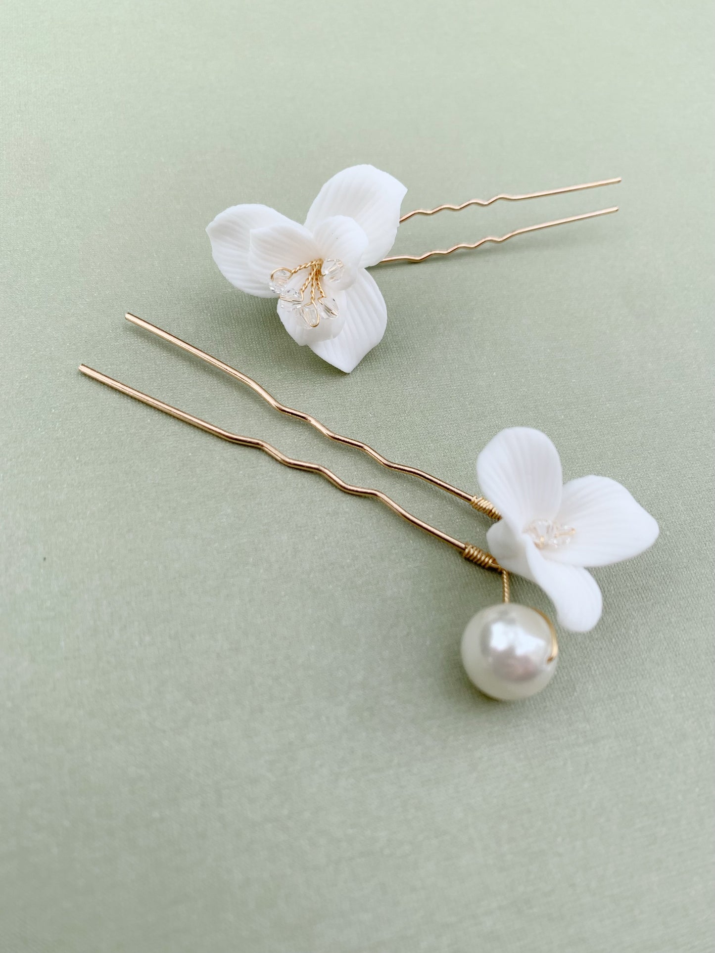 White Porcelain Floral Pearl Hair Forks