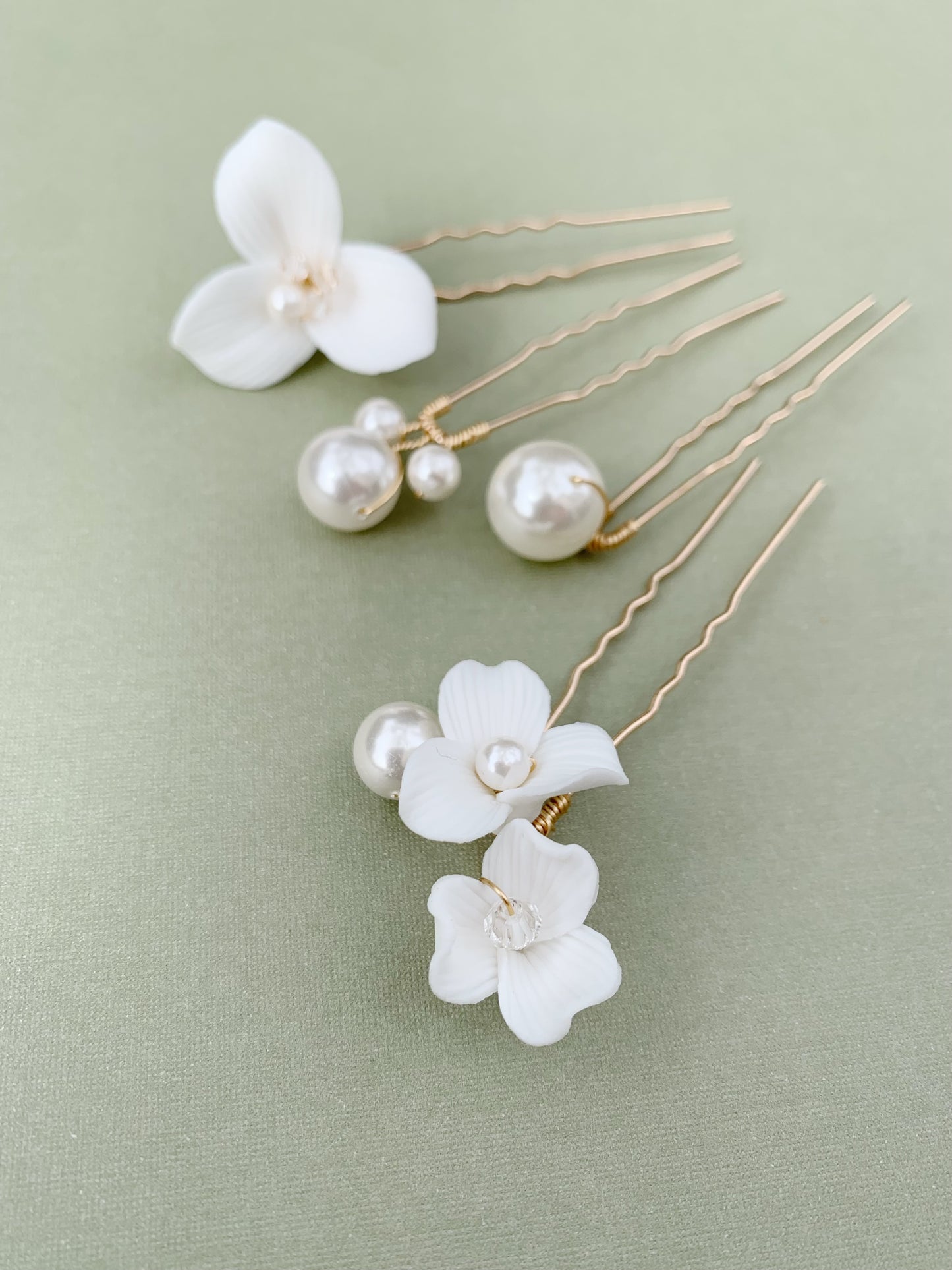 White Porcelain Floral Pearl Hair Forks