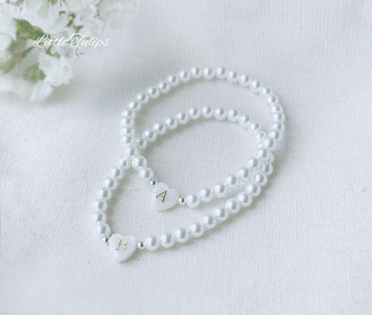 Handcrafted Natural Shell Heart Initial Pearl Bracelet