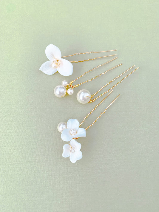 White Porcelain Floral Pearl Hair Forks