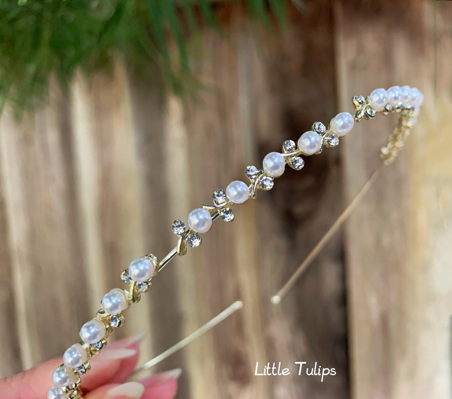 Thin light gold pearl bridal headband