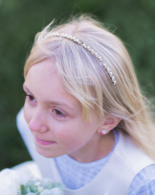 Thin light gold pearl bridal headband