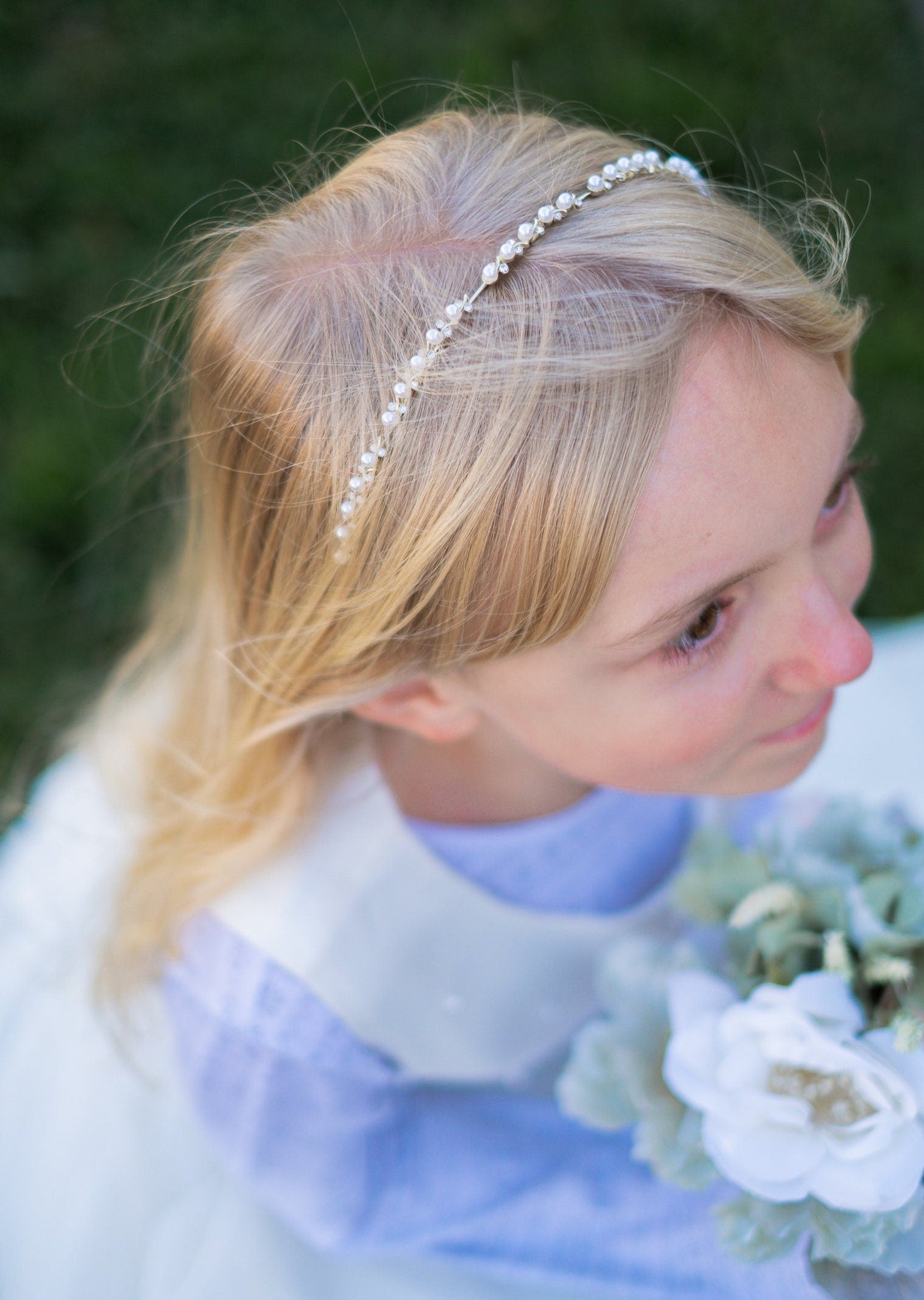 Thin light gold pearl bridal headband