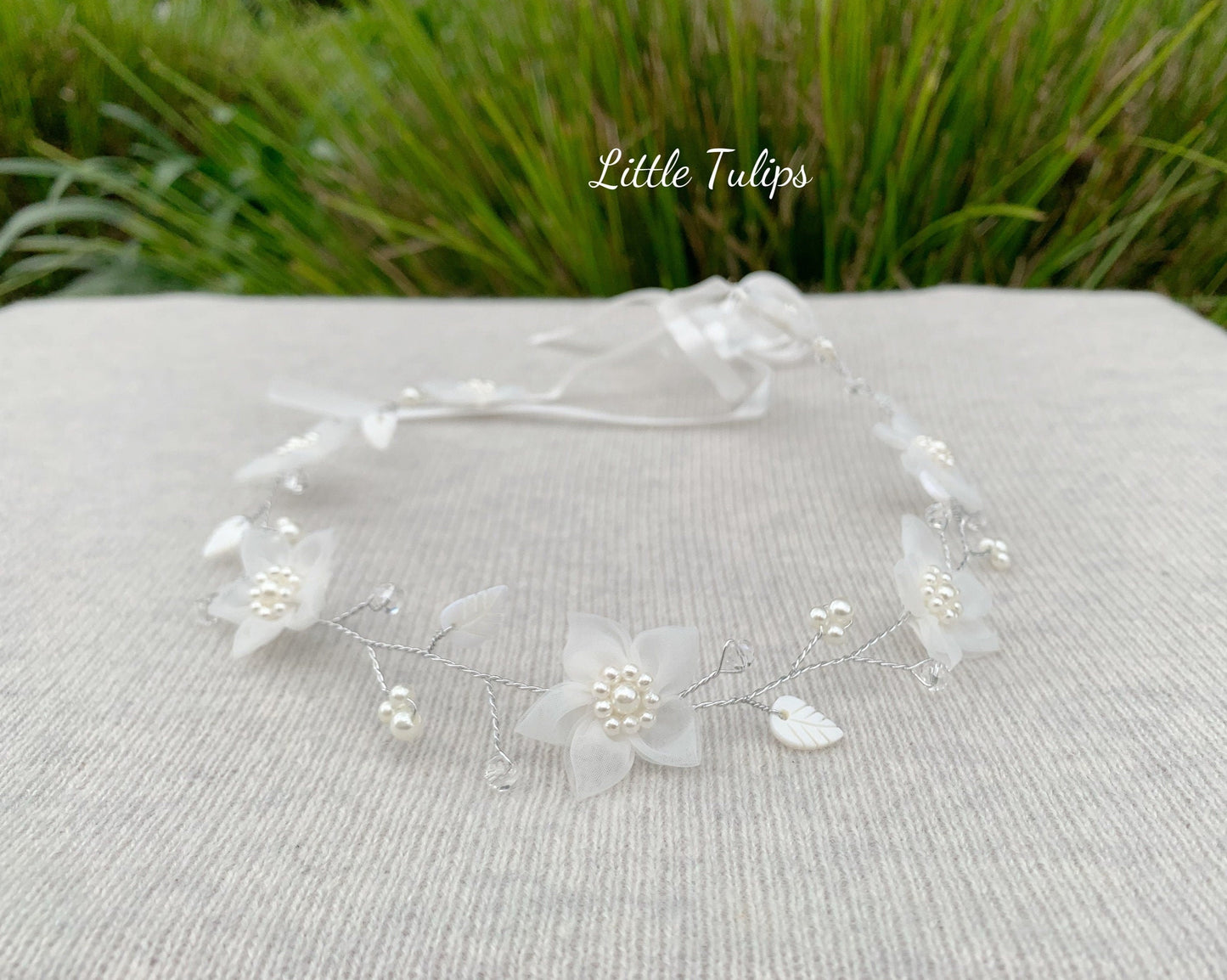 White tulle floral hair wreath