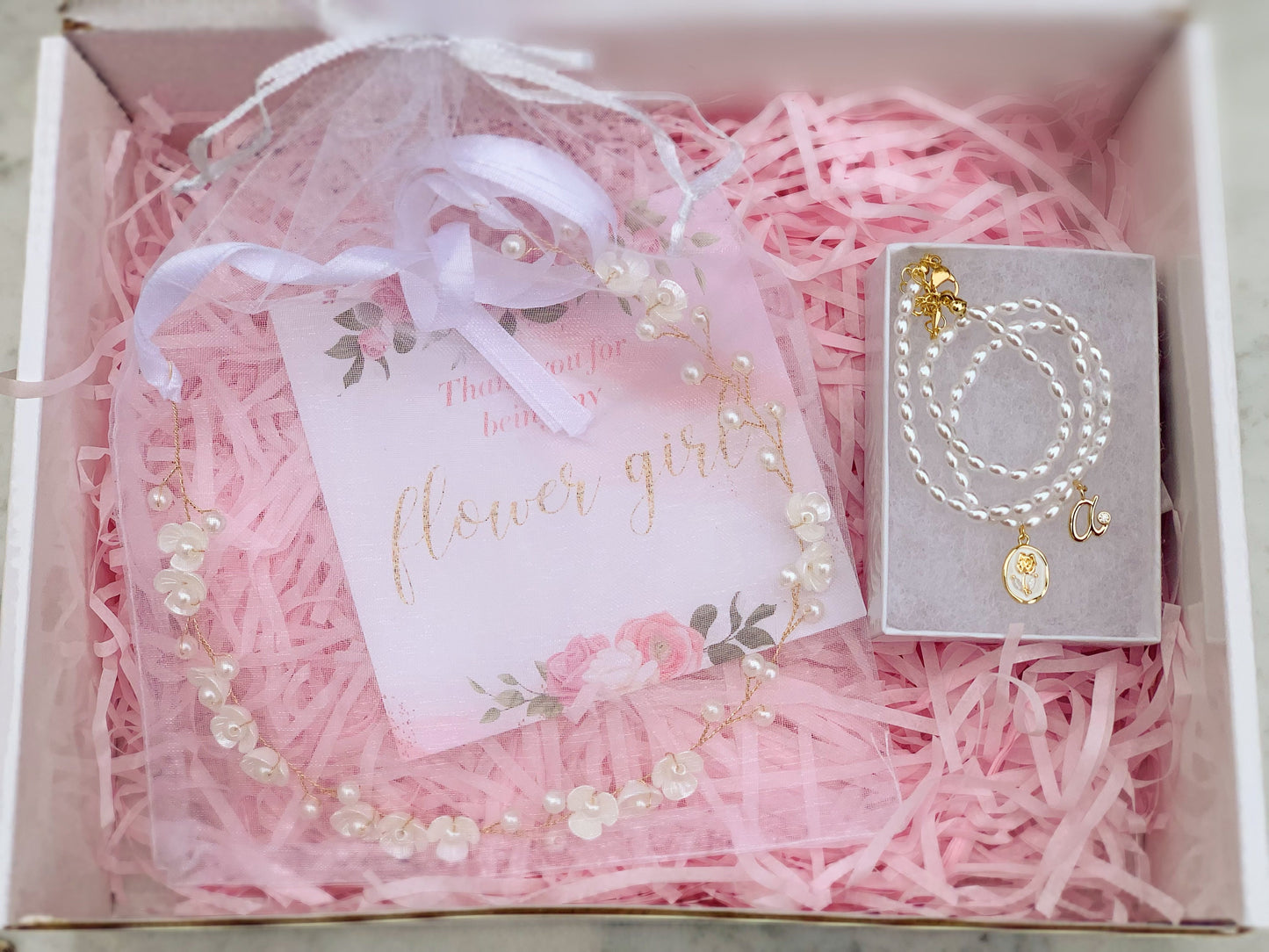 Flower Girl Hair Wreath & Initial Necklace Gift Set